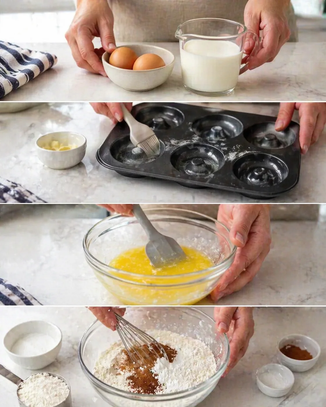 collage showing hands preparing baking ingredients: eggs, milk, butter, batter, and a muffin tin on a marble countertop.