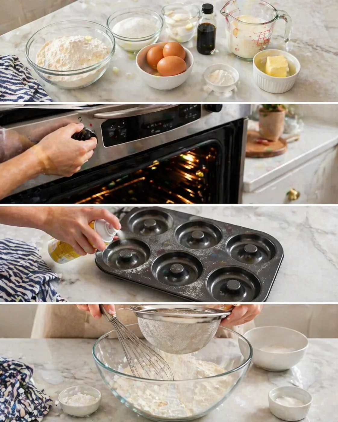 A four-panel collage of muffin-batter prep: ingredients, oven operation, pan spraying, and whisking.