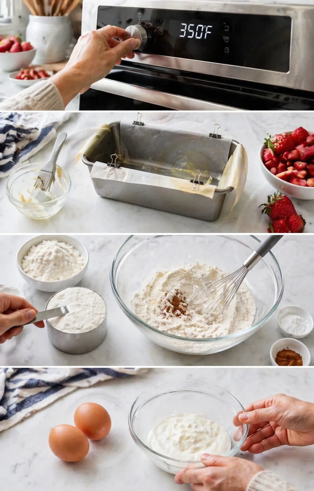collage of baking steps: oven preheat to 350F, loaf pan lined with parchment, whisked ingredients, eggs nearby.