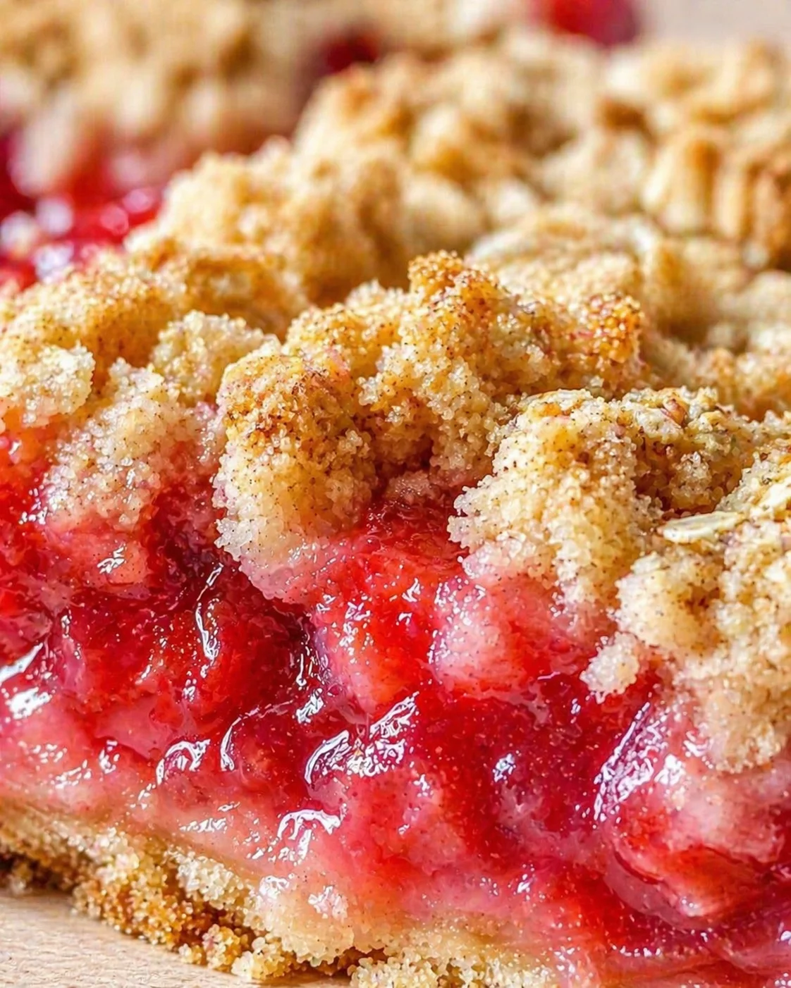 Close-up of a berry crumble bar with golden crumb topping and bright red filling