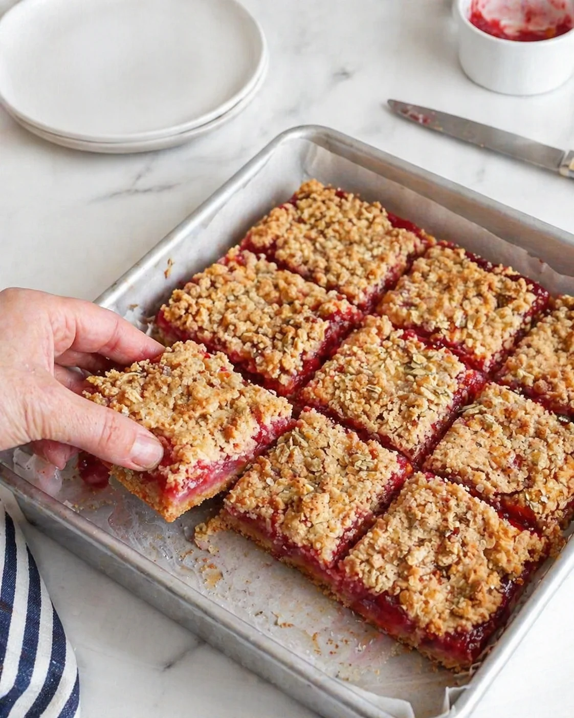 square berry crumble bars with golden oat topping in a metal baking pan, a hand lifting one
