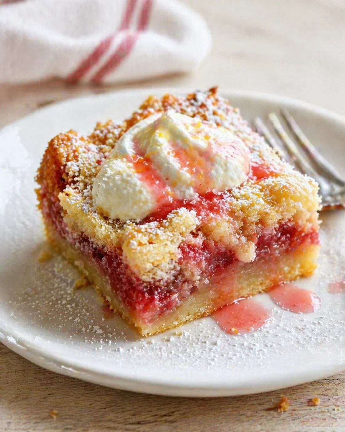 slice of berry crumble cake with vanilla ice cream on a white plate