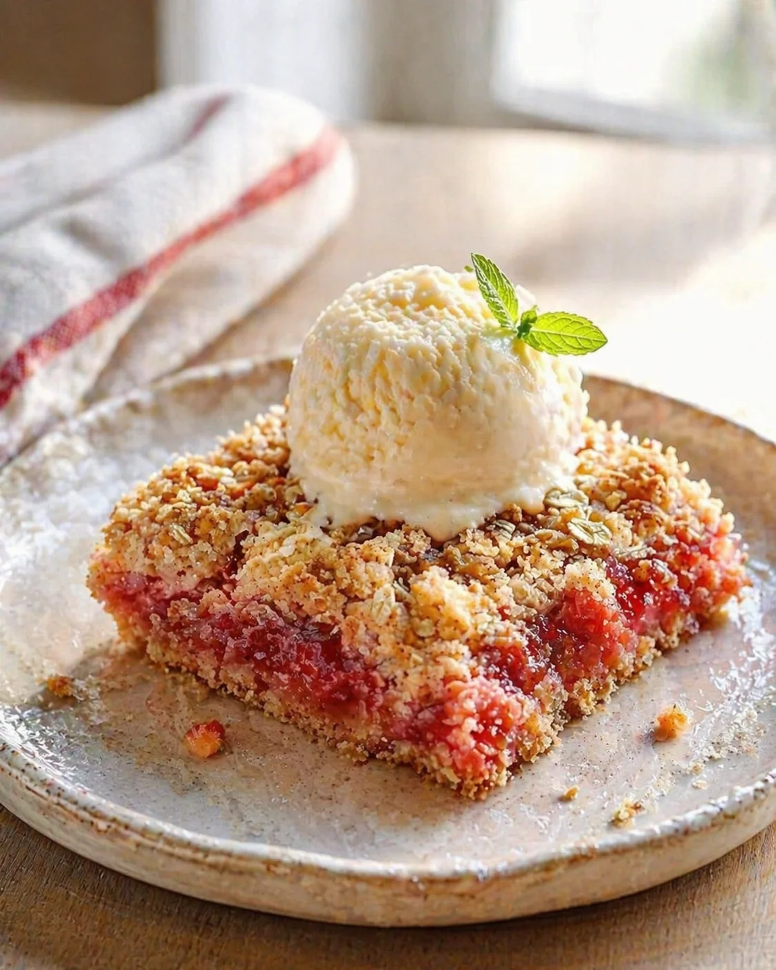 Creamy vanilla ice cream on a berry crumble slice with mint leaf on a rustic plate