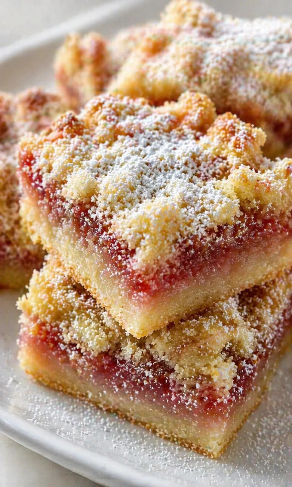 Stacked berry-streusel bars with jam filling, dusted with powdered sugar on a white plate.