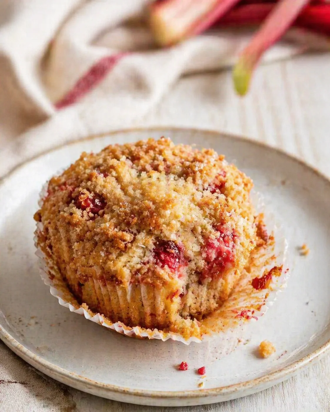 crumb-topped berry muffin on a pale ceramic plate with soft linen backdrop and pink accents