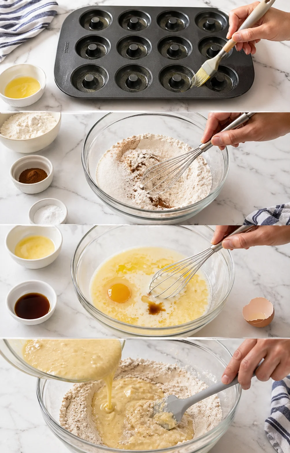 step-process-placeholder-1-4.png Greased donut pan beside bowls of dry flour mixture and wet batter being folded together.
