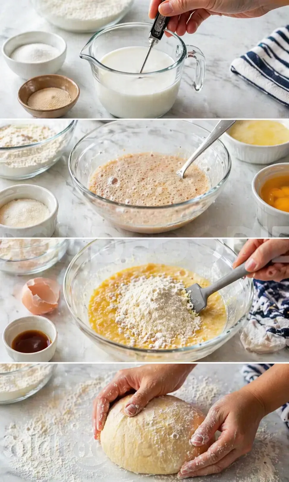 Five-panel collage showing milk mixing, batter prep, and kneading dough on a flour-dusted surface.
