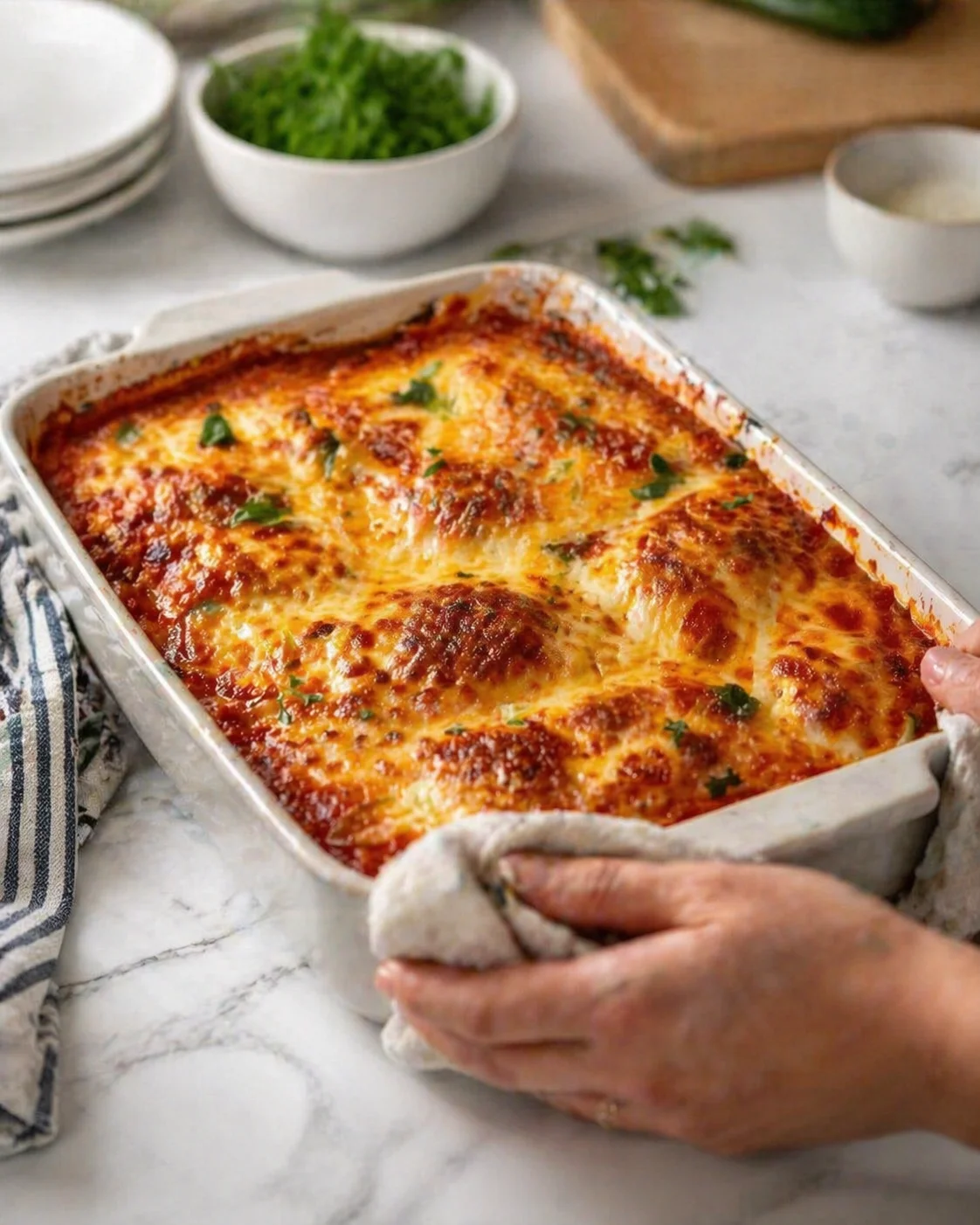 golden-brown lasagna with bubbling cheese in a white baking dish on a marble counter, hands lifting the edge.