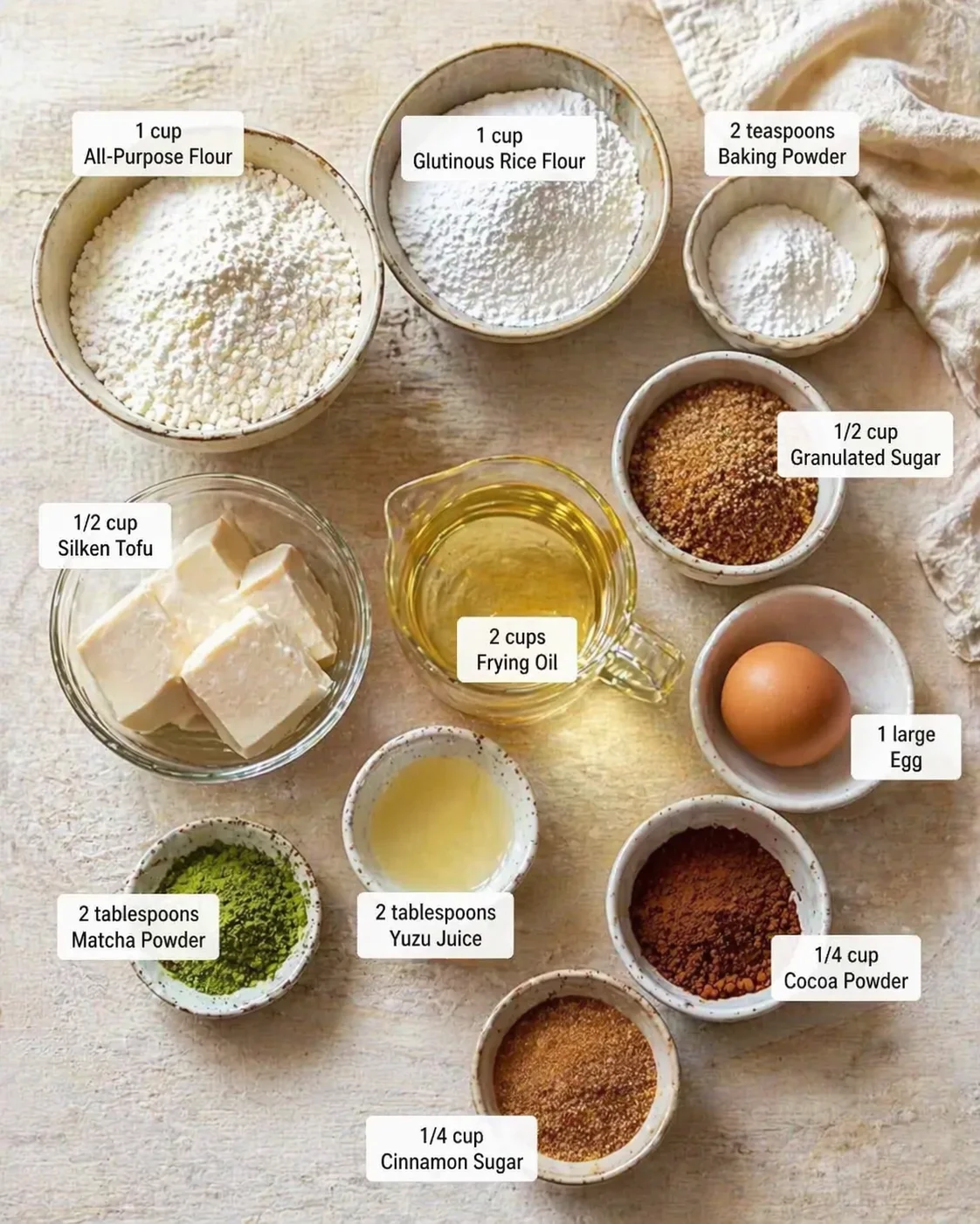 Measured ingredients arranged for Chewy Japanese Mochi Donuts: Customizable Glazed Bliss: 1 cup All-Purpose Flour (Can substitute with gluten-free blend if needed.), 1 cup Glutinous Rice Flour (Essential for chewy textur