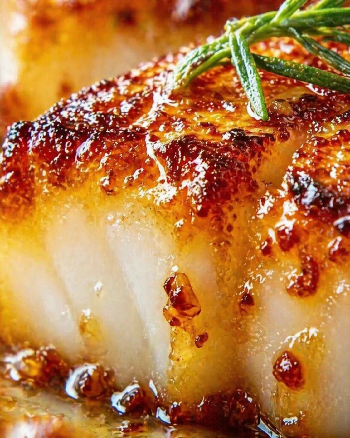 Tight detail shot of Baked Cod with Honey Soy Marinade highlighting texture
