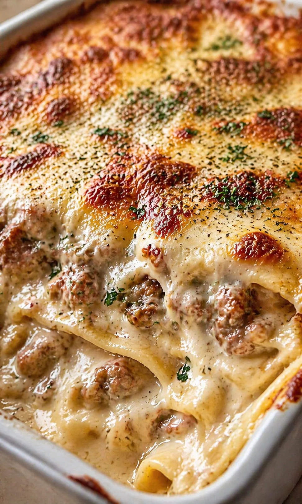Final plated Sausage Alfredo Ravioli Lasagna served as a hero shot