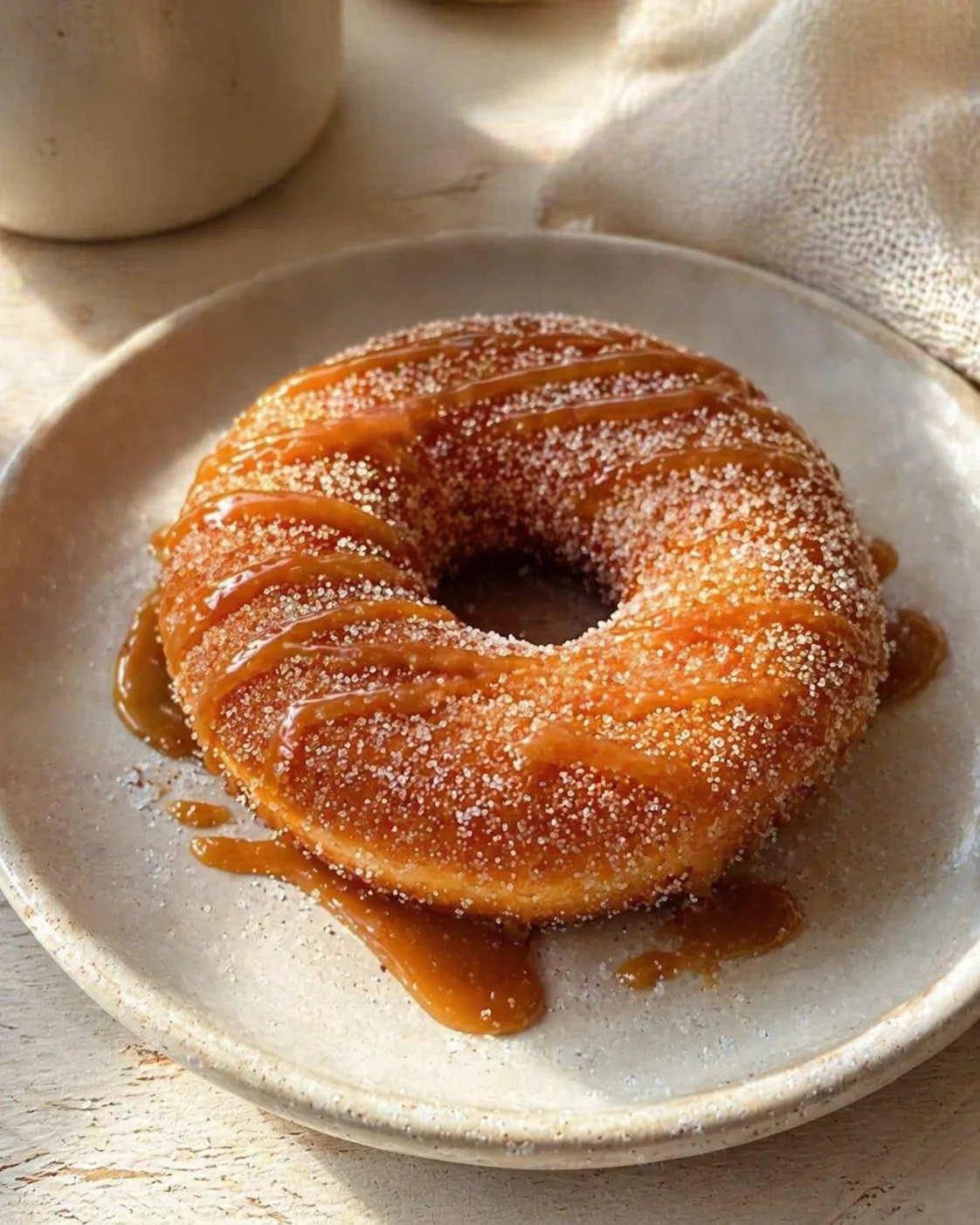 caramel-glazed donut with sugar crystals on a light ceramic plate