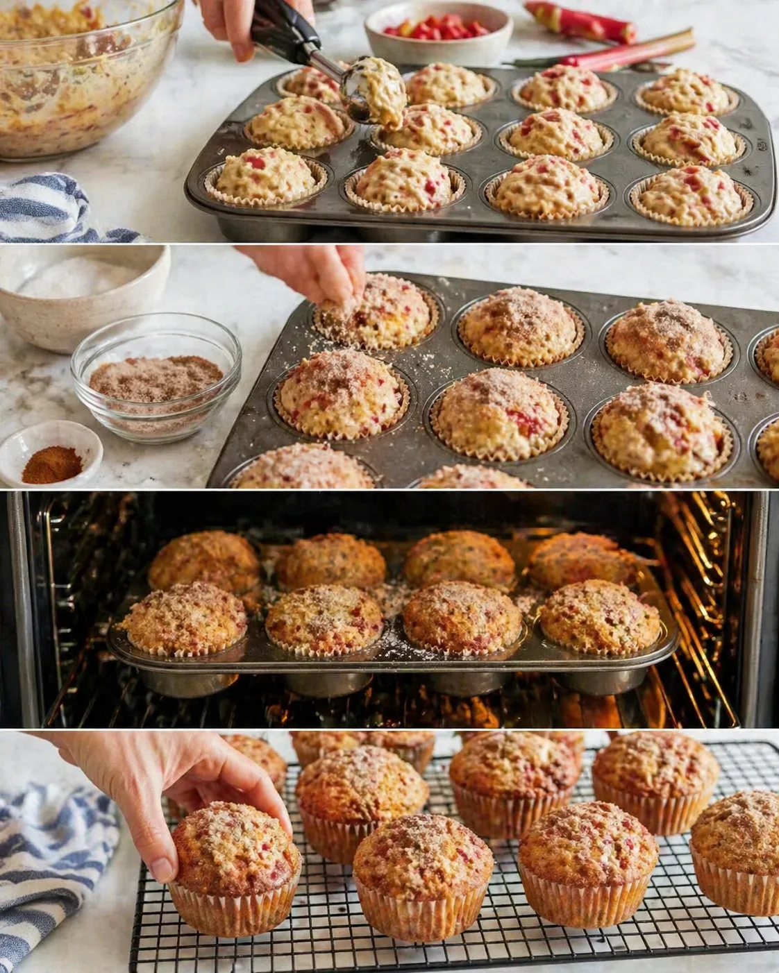 Muffin tin filled with domed batter sprinkled with cinnamon-sugar before baking.