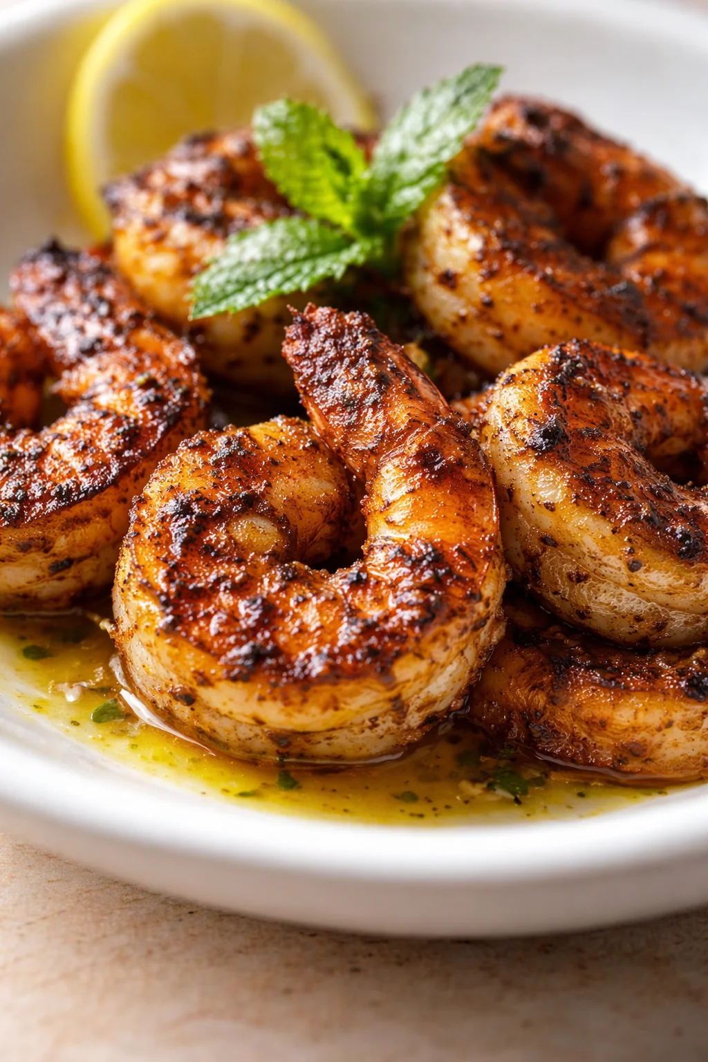 plump shrimp with a crisp caramelized crust in lemon-butter sauce, garnished with mint and a lemon wedge