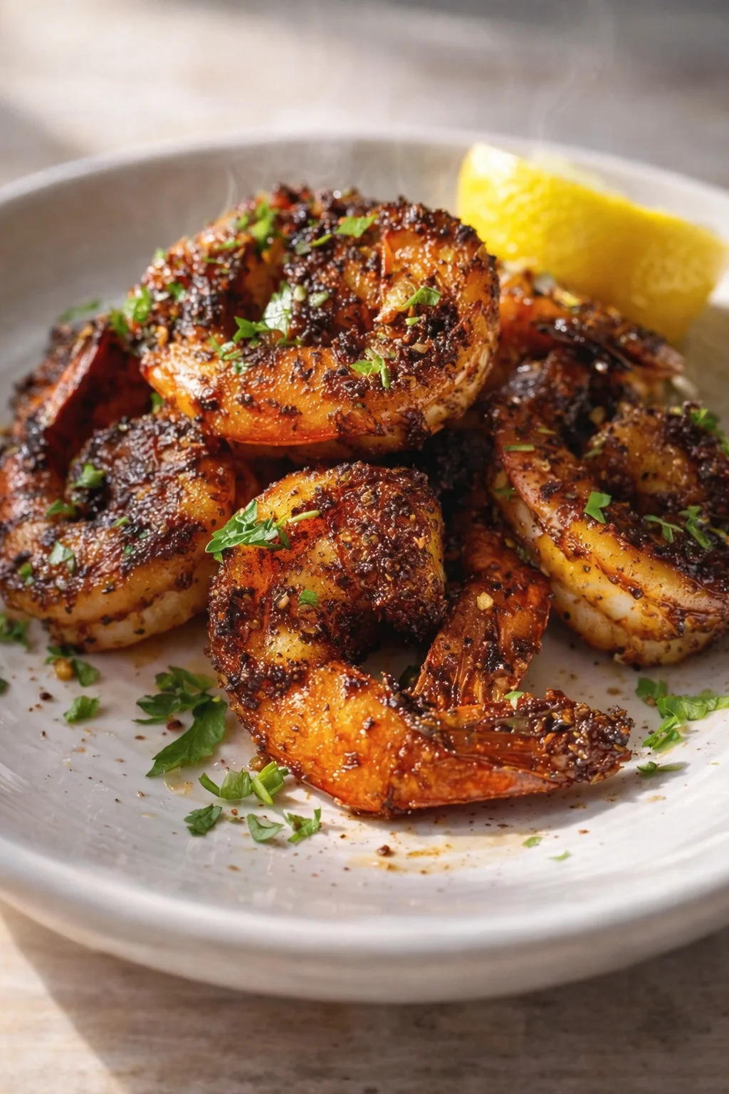 plate of crispy, charred garlic-butter shrimp garnished with parsley and a lemon wedge