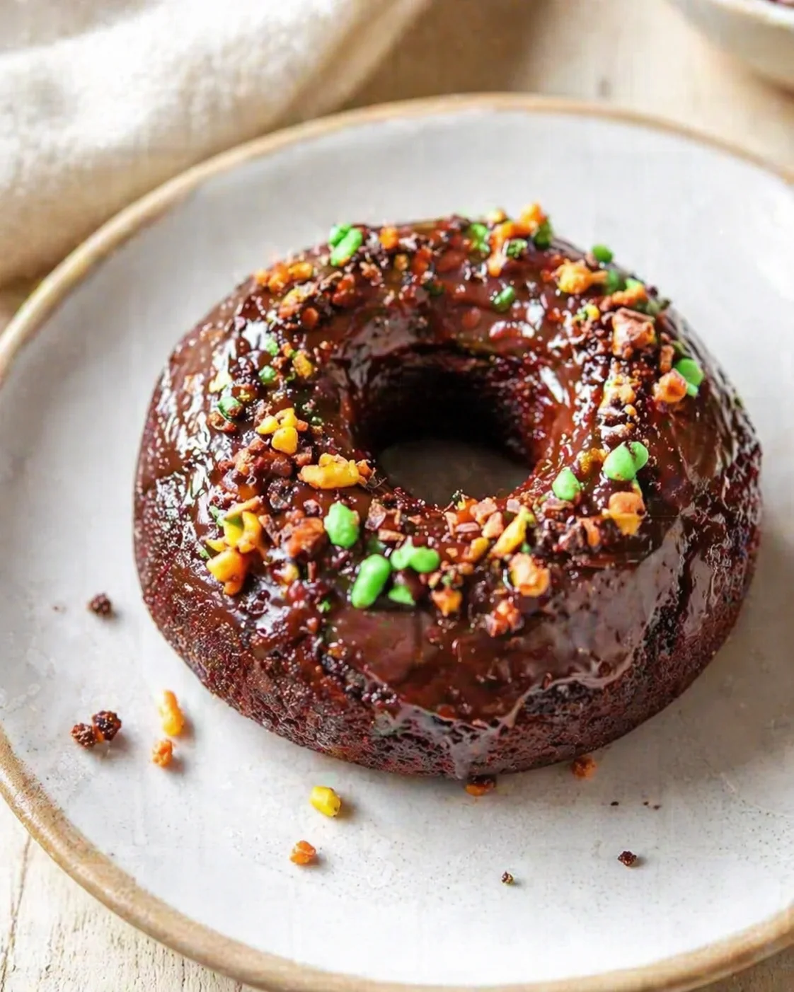 A glossy chocolate-glazed Bundt donut on a pale plate, topped with colorful crushed sprinkles.