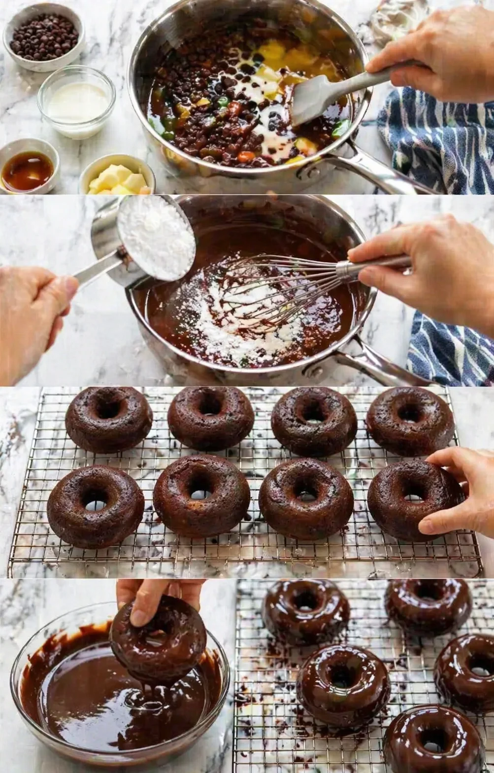A collage showing chocolate donuts being glazed: mixing melted chocolate, whisking, and cooling on a rack.