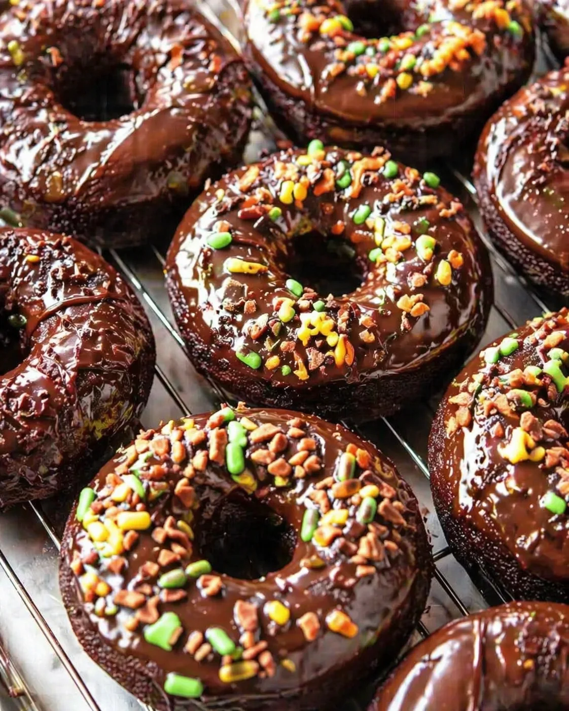 glossy chocolate-glazed donuts topped with colorful sprinkles on a cooling rack