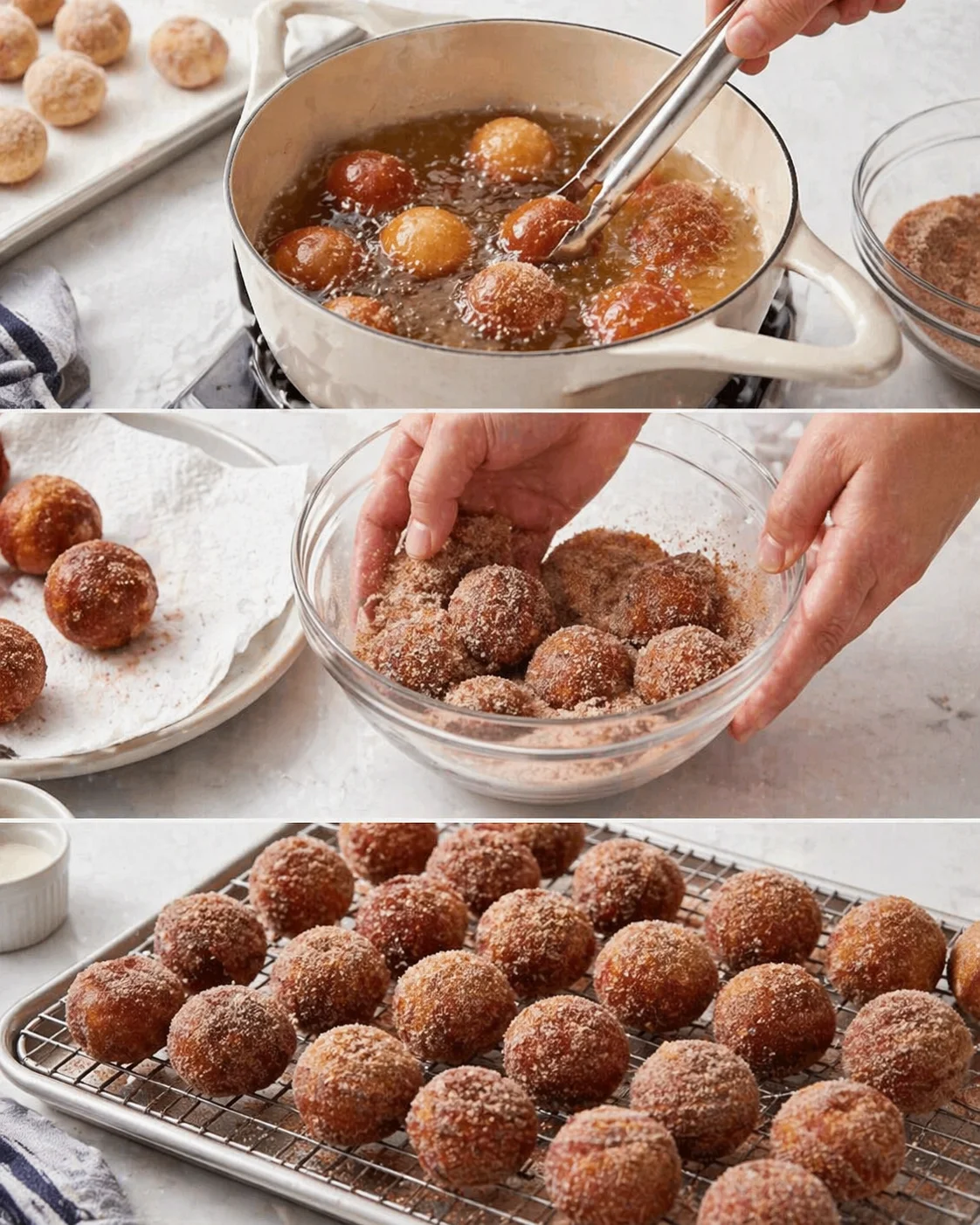 collage showing fried donut holes being prepared: frying in a pot, rolling in sugar, and resting on a cooling rack