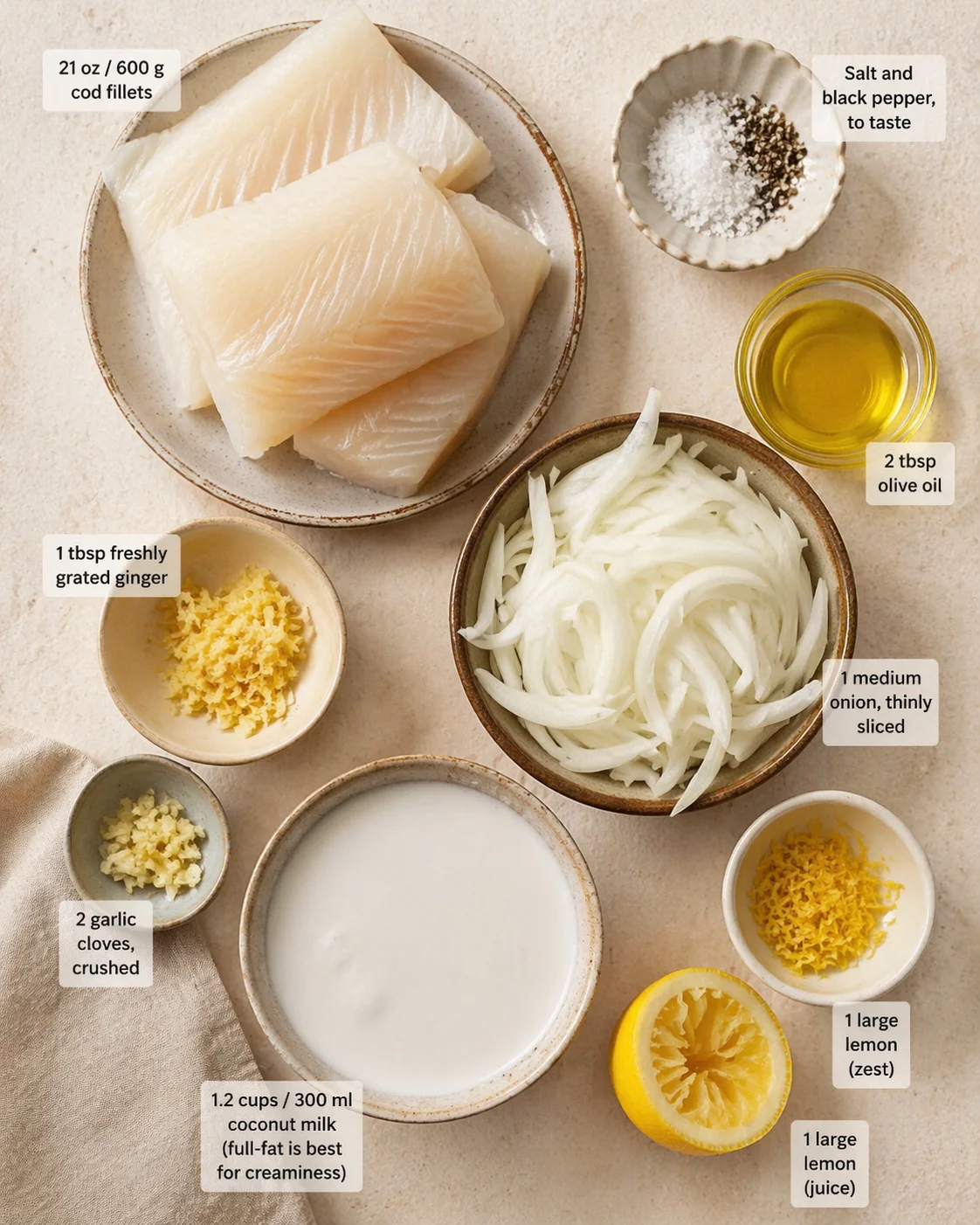 Top-down view of cod fillets and prep ingredients arranged on ceramic plates.
