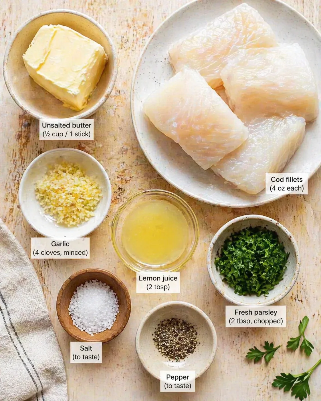 Assorted cod recipe ingredients laid out: cod fillets, butter, garlic, lemon juice, parsley, salt, pepper.
