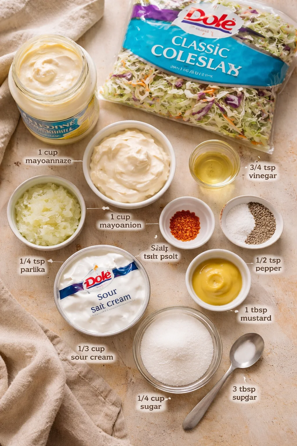 flat lay of dressing ingredients and bowls around a bag of coleslaw