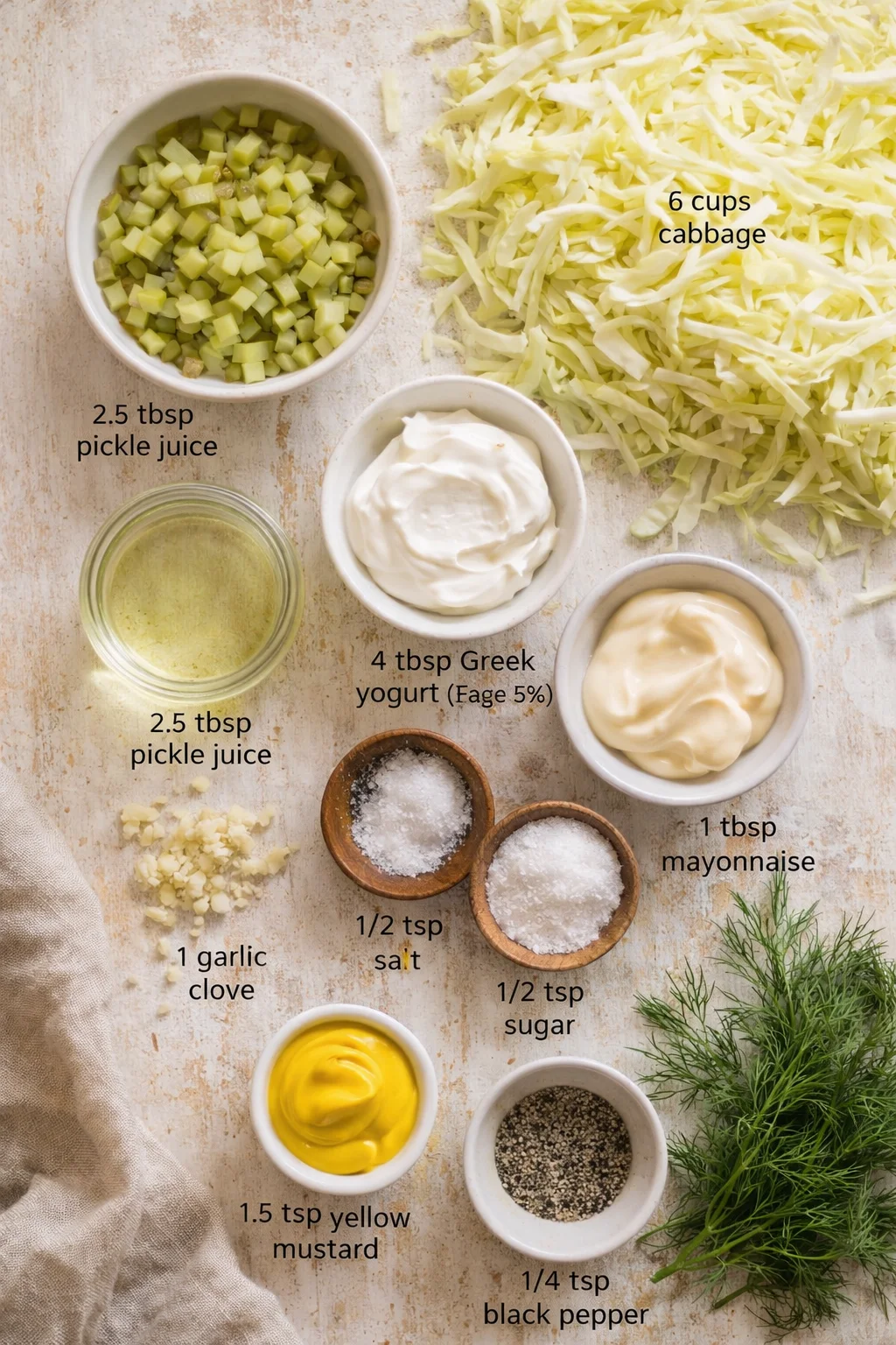 overhead view of cabbage and dressing ingredients; quantities labeled on the image in modern recipe-card typography.
