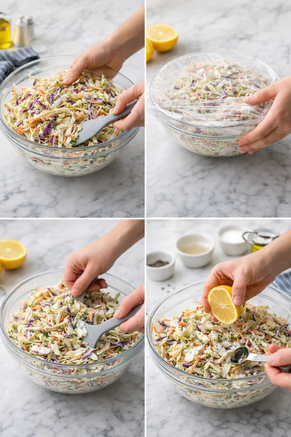 four-panel collage of hands mixing colorful coleslaw in glass bowl on marble kitchen counter