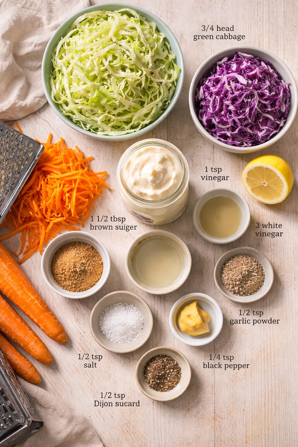 top-down view of shredded green and purple cabbage with carrots and seasonings on wood