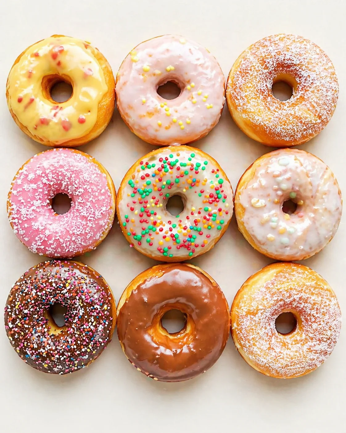twelve colorful donuts with varied glazes and sprinkles arranged in a 3x4 grid on a pale background