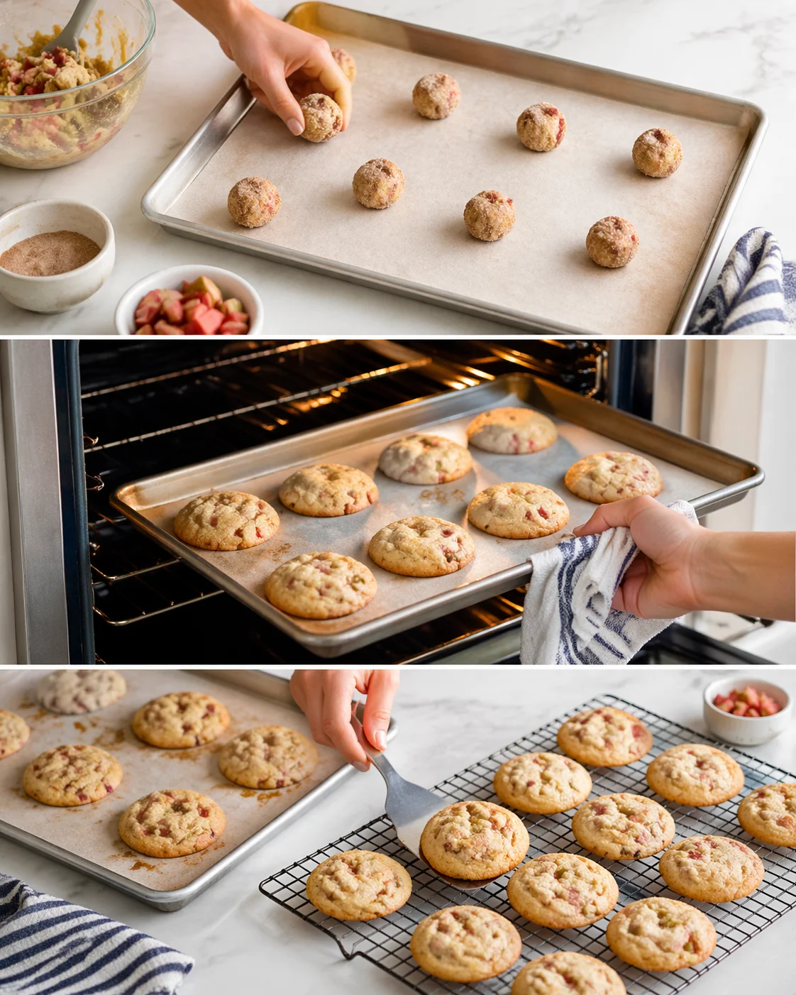 Collage showing cookie dough prep, a tray in the oven, and cookies cooling on a rack.