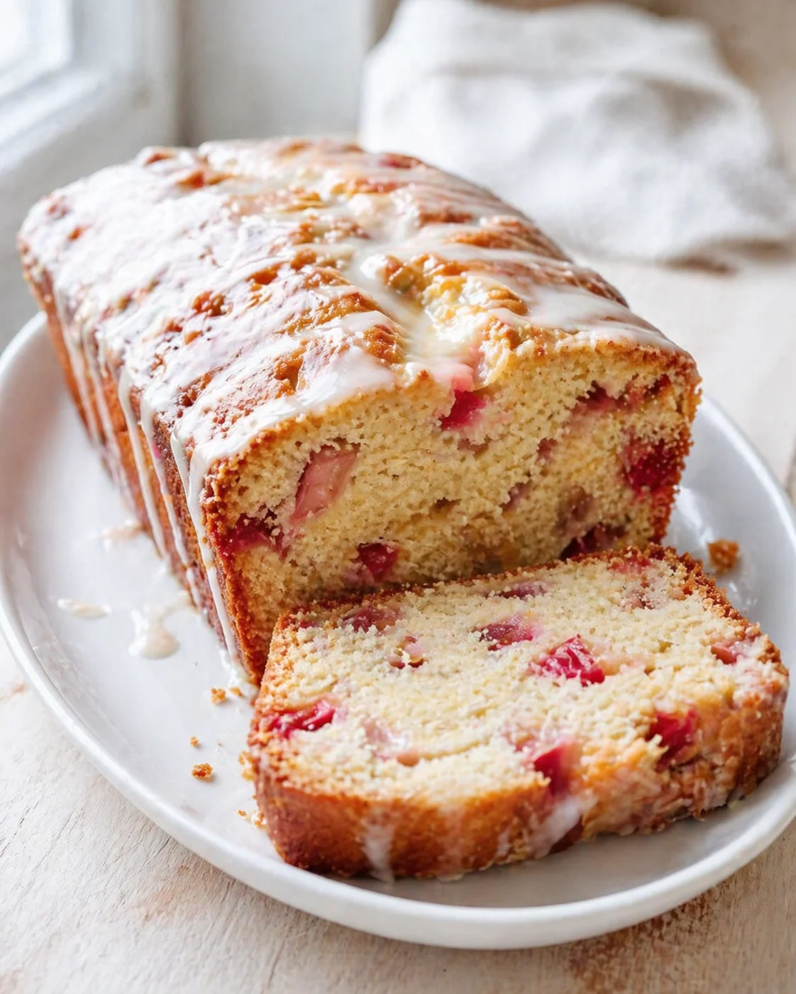 moist cranberry loaf cake with white icing, sliced to reveal pink cranberry chunks in a light airy crumb