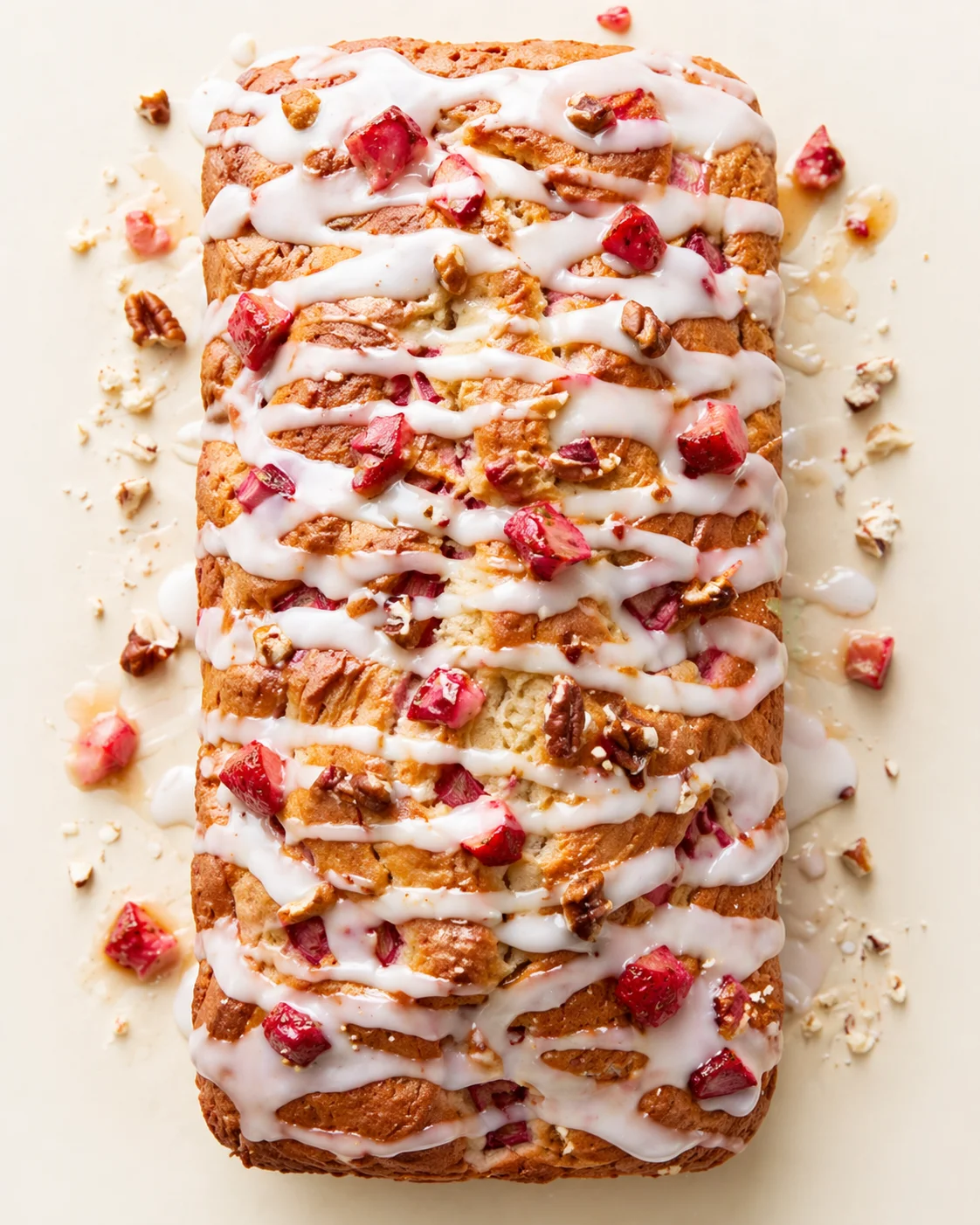 golden cranberry-pecan loaf cake drizzled with white icing and red fruit pieces