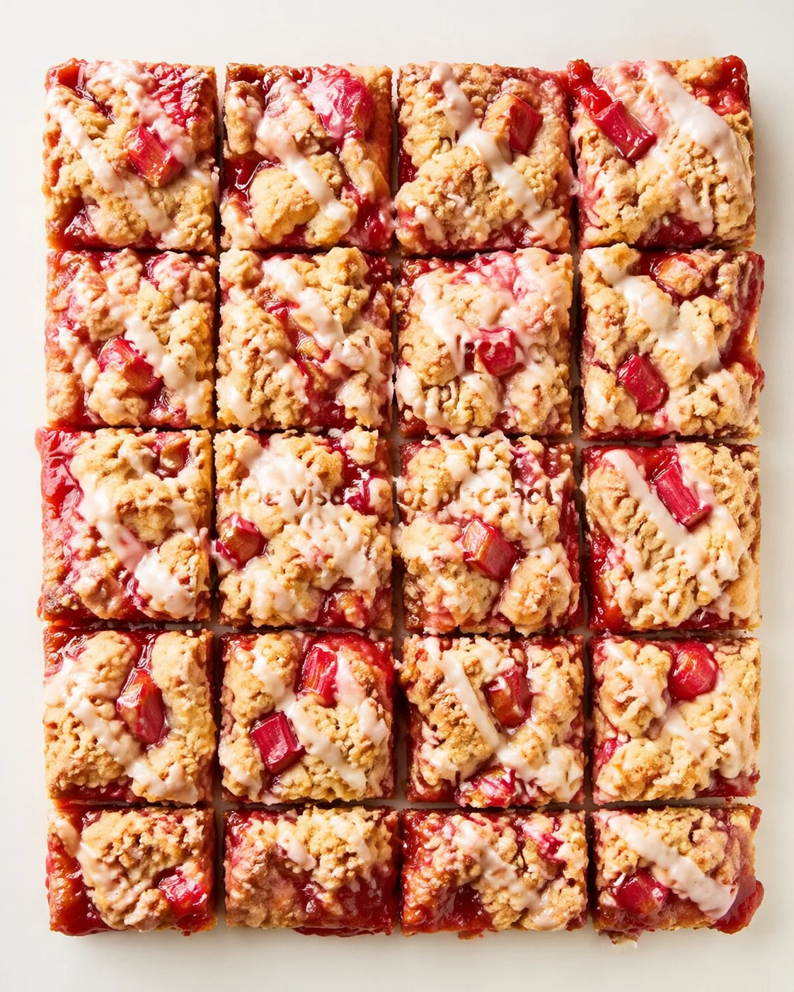 Grid of 30 crumb-topped bars with red filling and white drizzle, photographed from above.