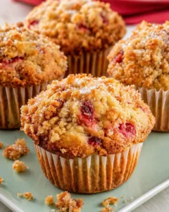 Close-up of golden-brown muffins with crumbly streusel and visible cranberries on a mint plate