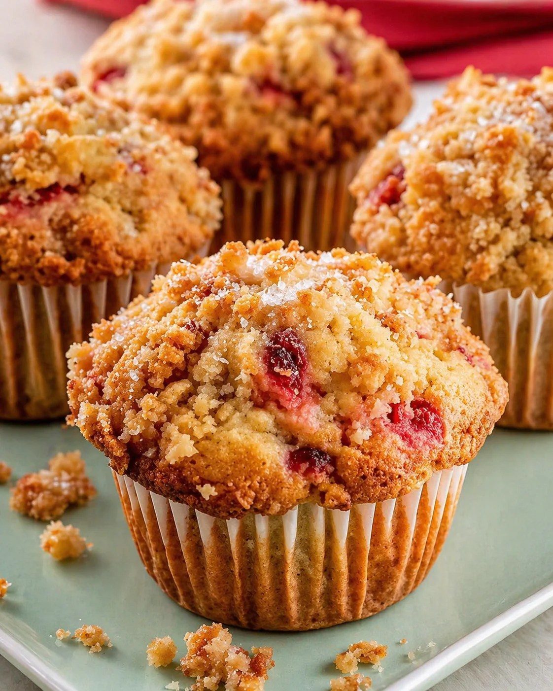 Close-up of golden-brown muffins with crumbly streusel and visible cranberries on a mint plate