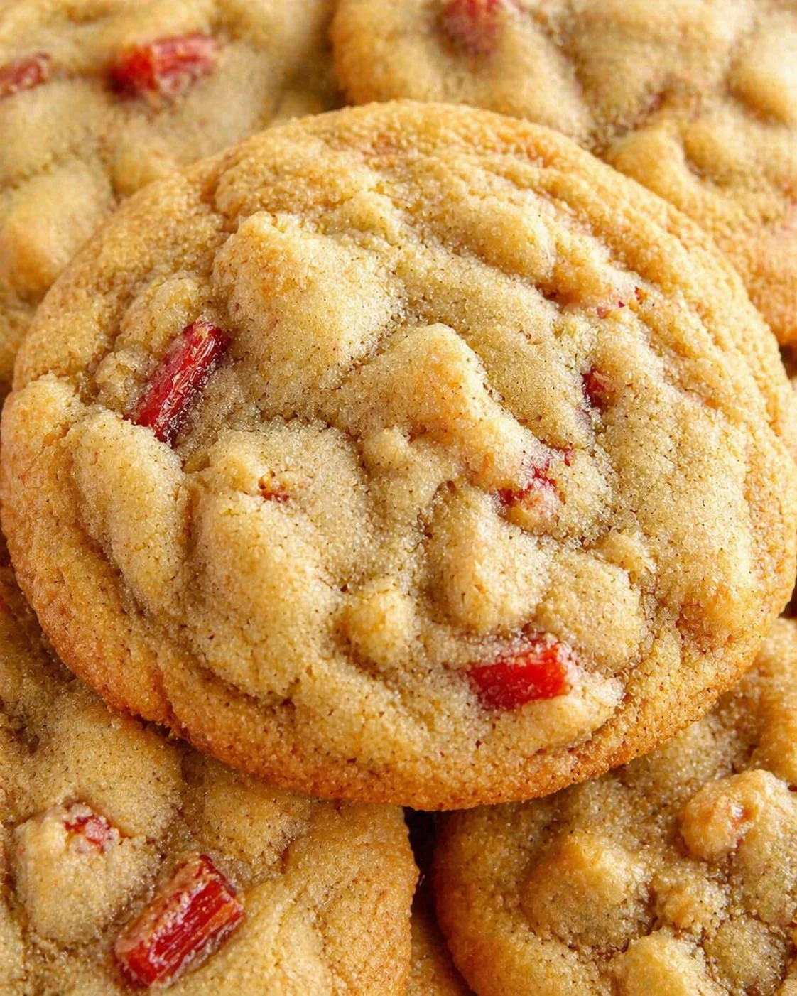 Close-up of golden cranberry-studded sugar cookies with crinkled tops and sugar crystals.