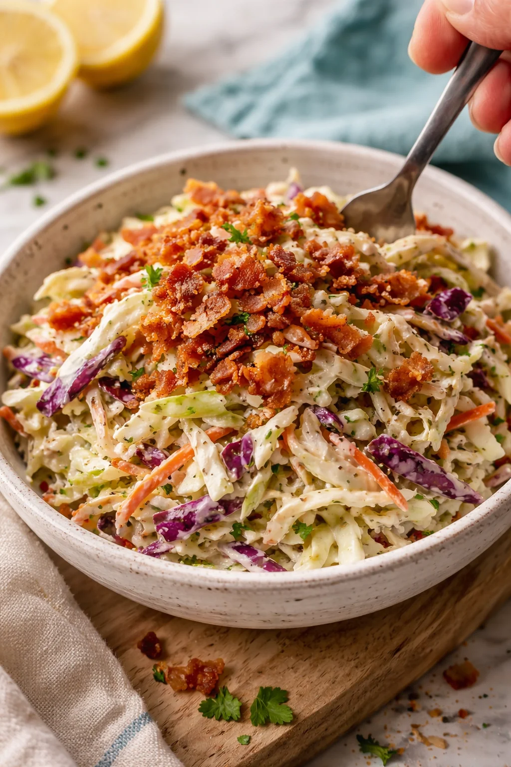 Creamy coleslaw with cabbage, carrots, purple cabbage, and crispy bacon in a speckled bowl