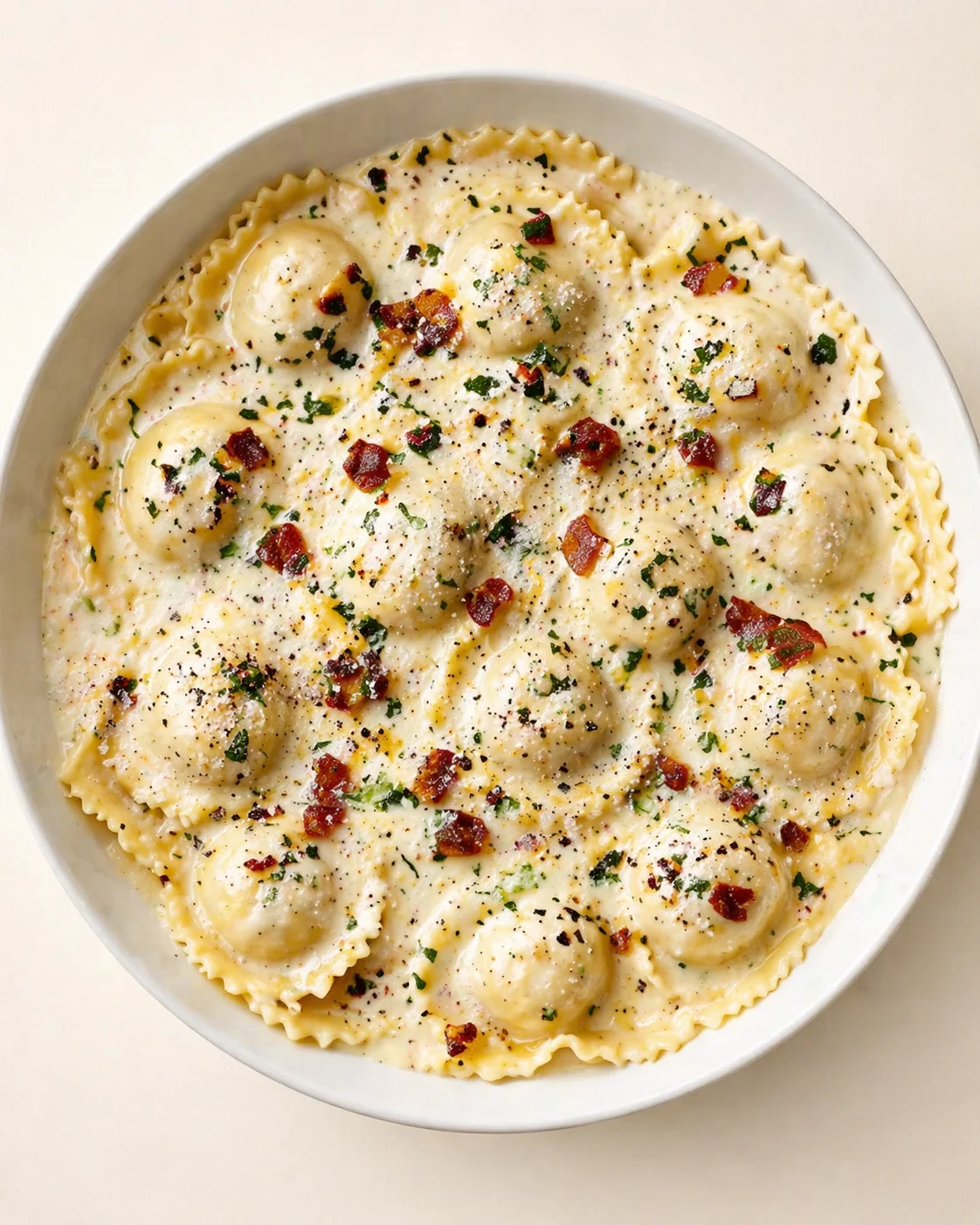 top-down view of creamy ravioli with bacon bits and parsley in a white bowl