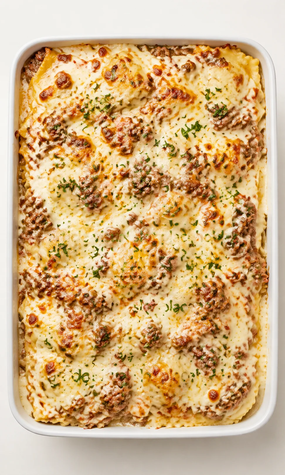 Baked lasagna in a white baking dish with melted cheese and parsley