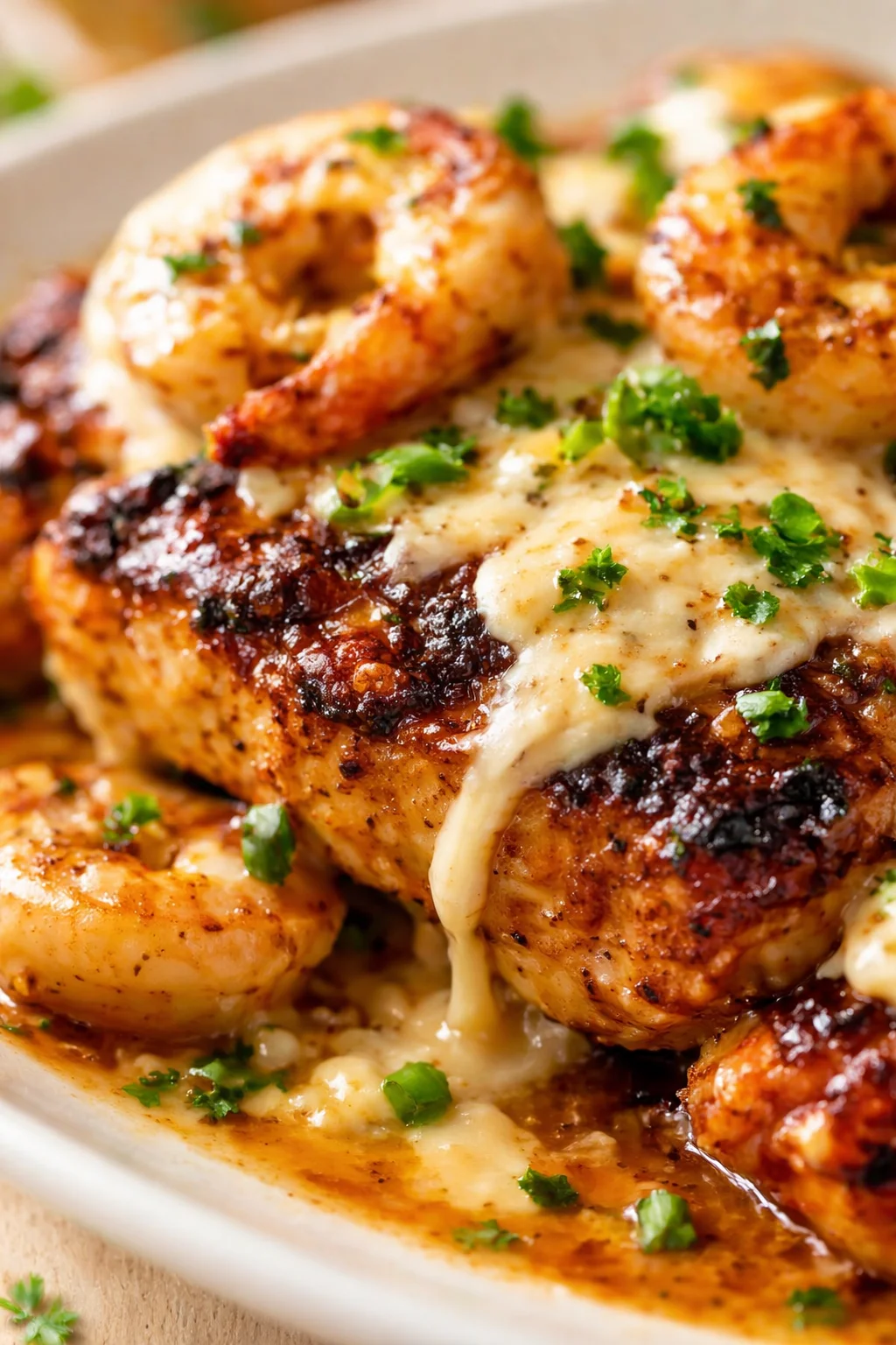 creamy cheese sauce coats seared shrimp, garnished with chopped parsley