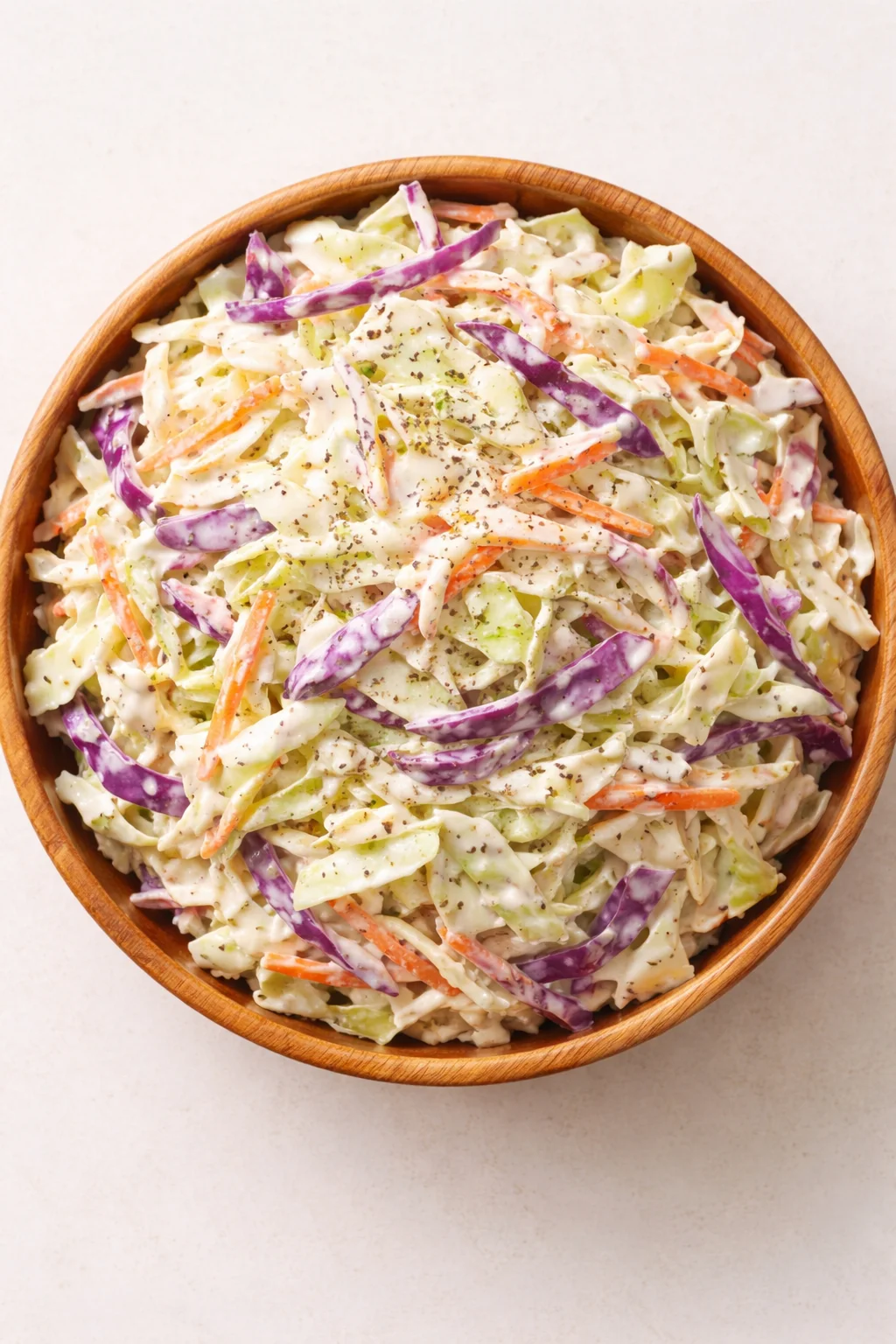 Top-down view of a wooden bowl filled with creamy coleslaw made from shredded cabbage and carrots.