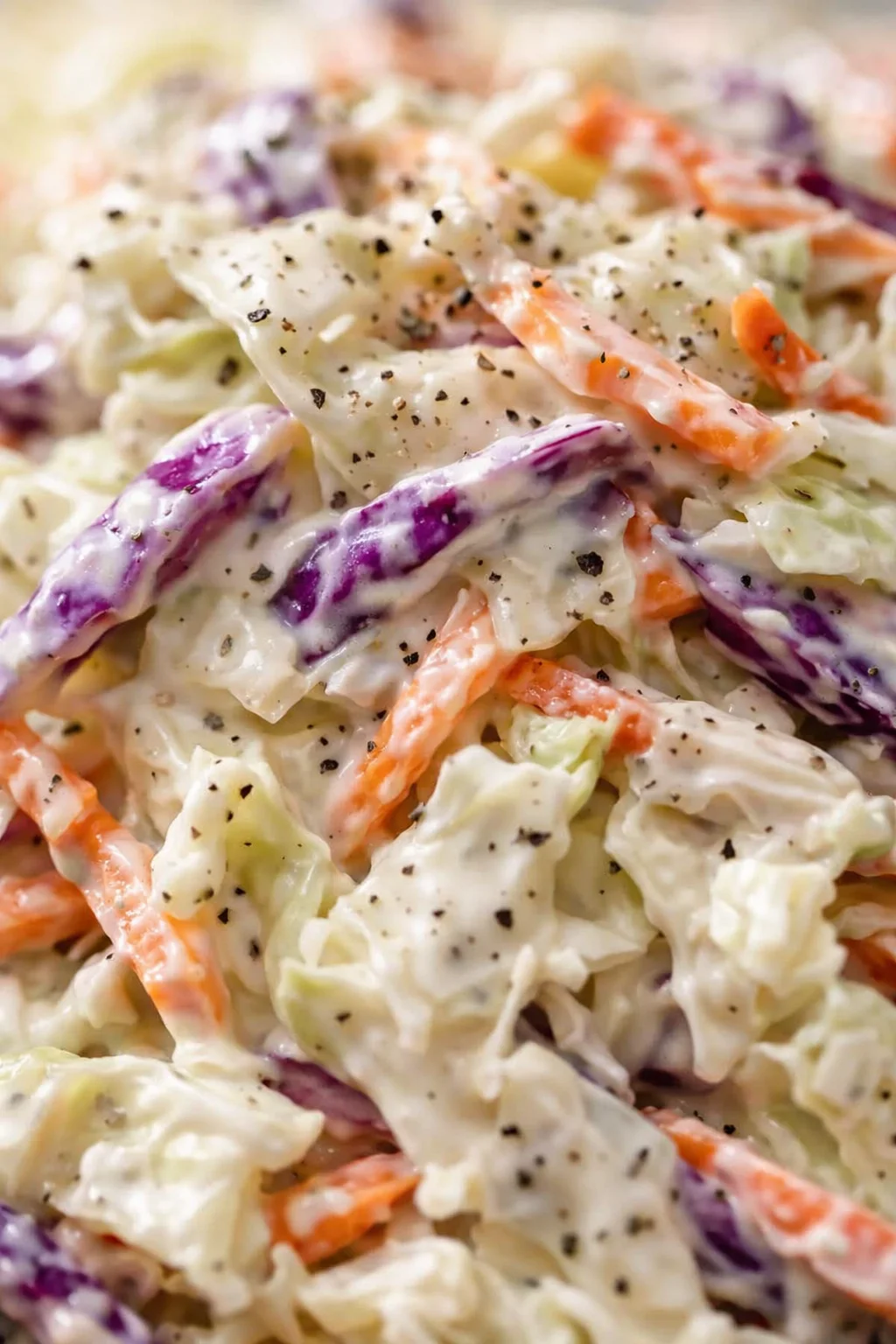 Close-up of creamy coleslaw with shredded cabbage, purple cabbage, and carrot in glossy dressing.