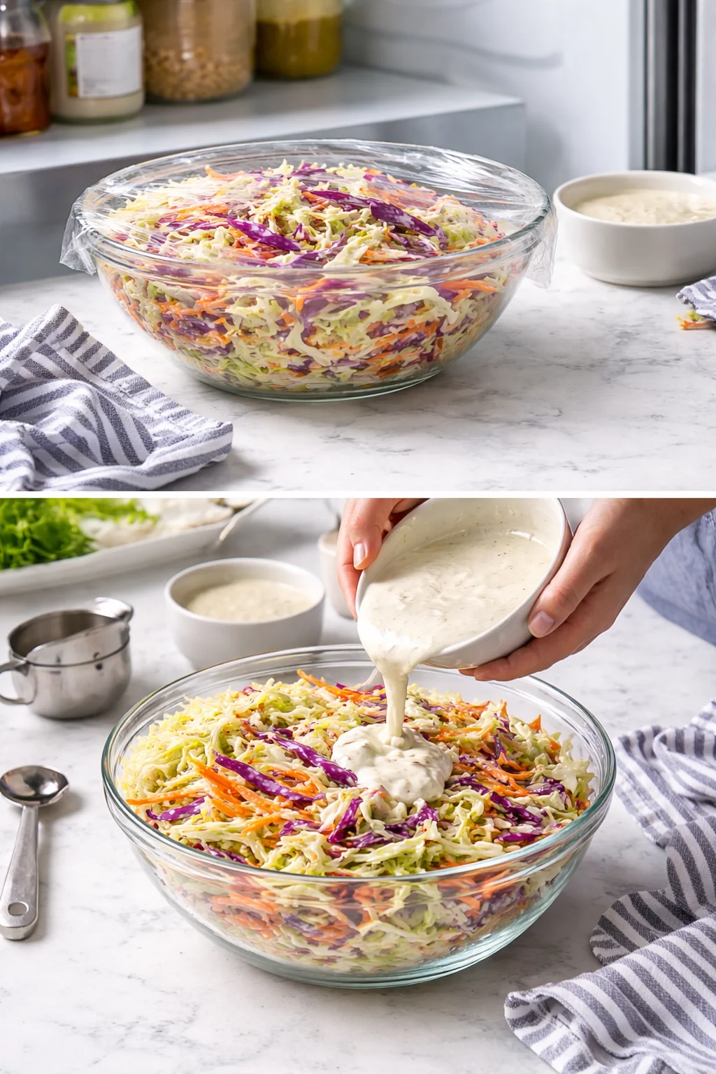 Two-panel photo of colorful coleslaw in a glass bowl, with dressing being poured over it.