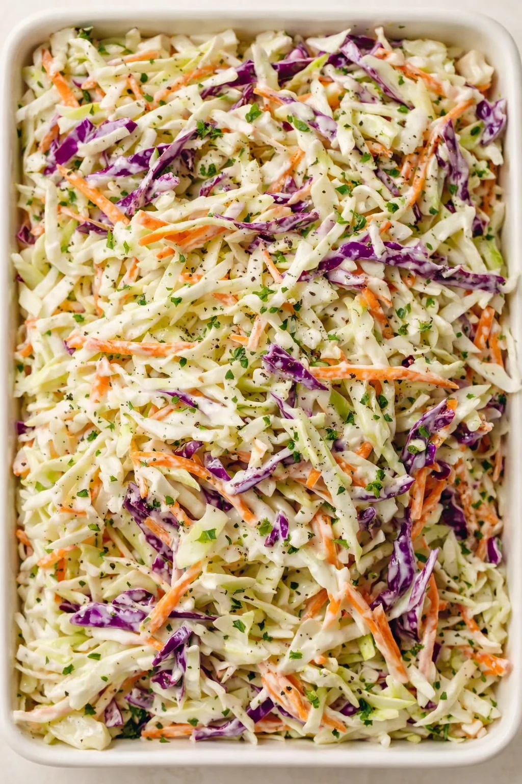 Creamy coleslaw with green and purple cabbage, carrots, herbs in white dish.