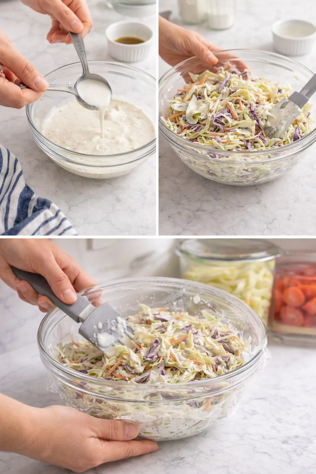 three-panel collage of hands pouring dressing and mixing shredded cabbage for coleslaw.