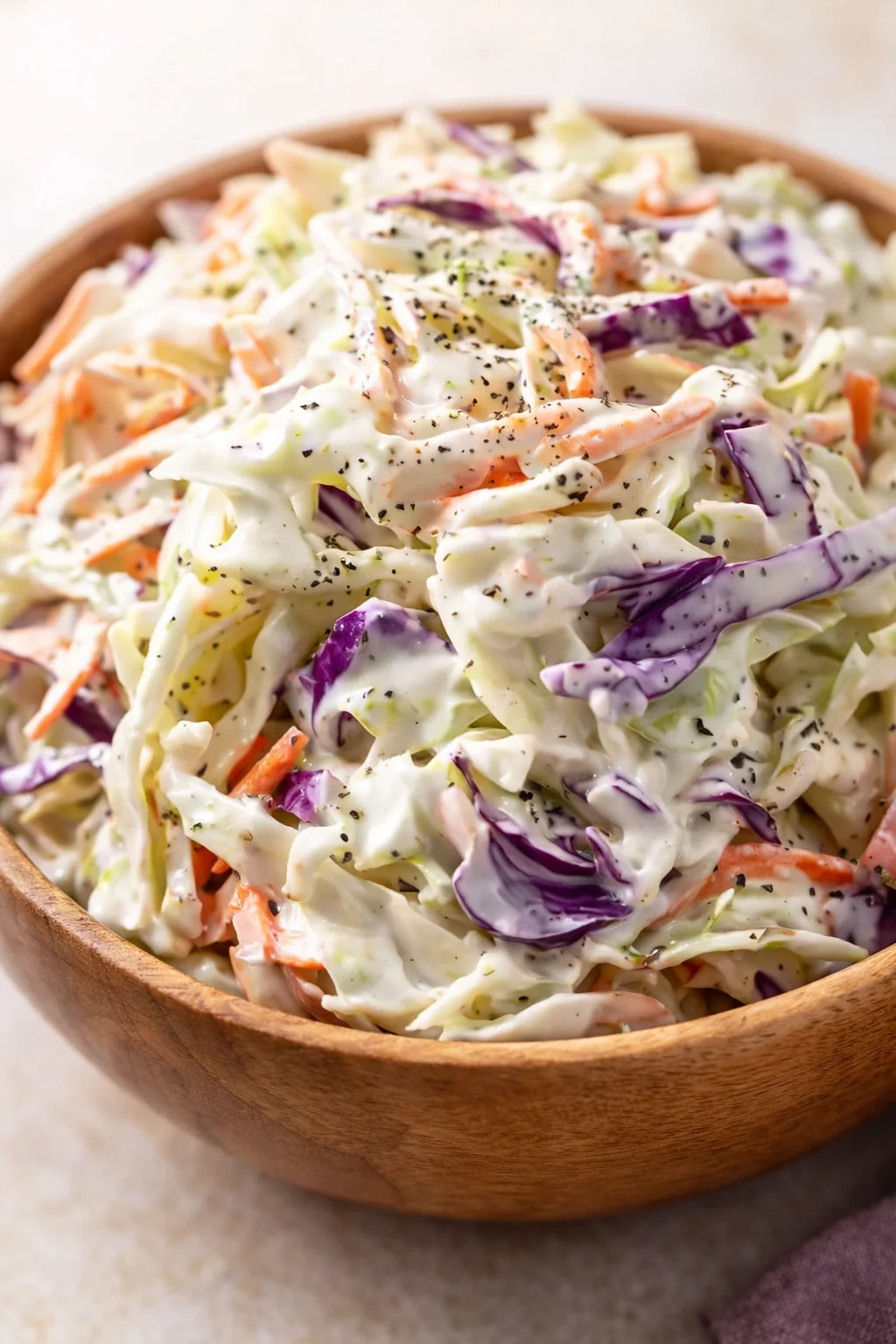 creamy coleslaw with shredded carrots and purple cabbage in a wooden bowl.