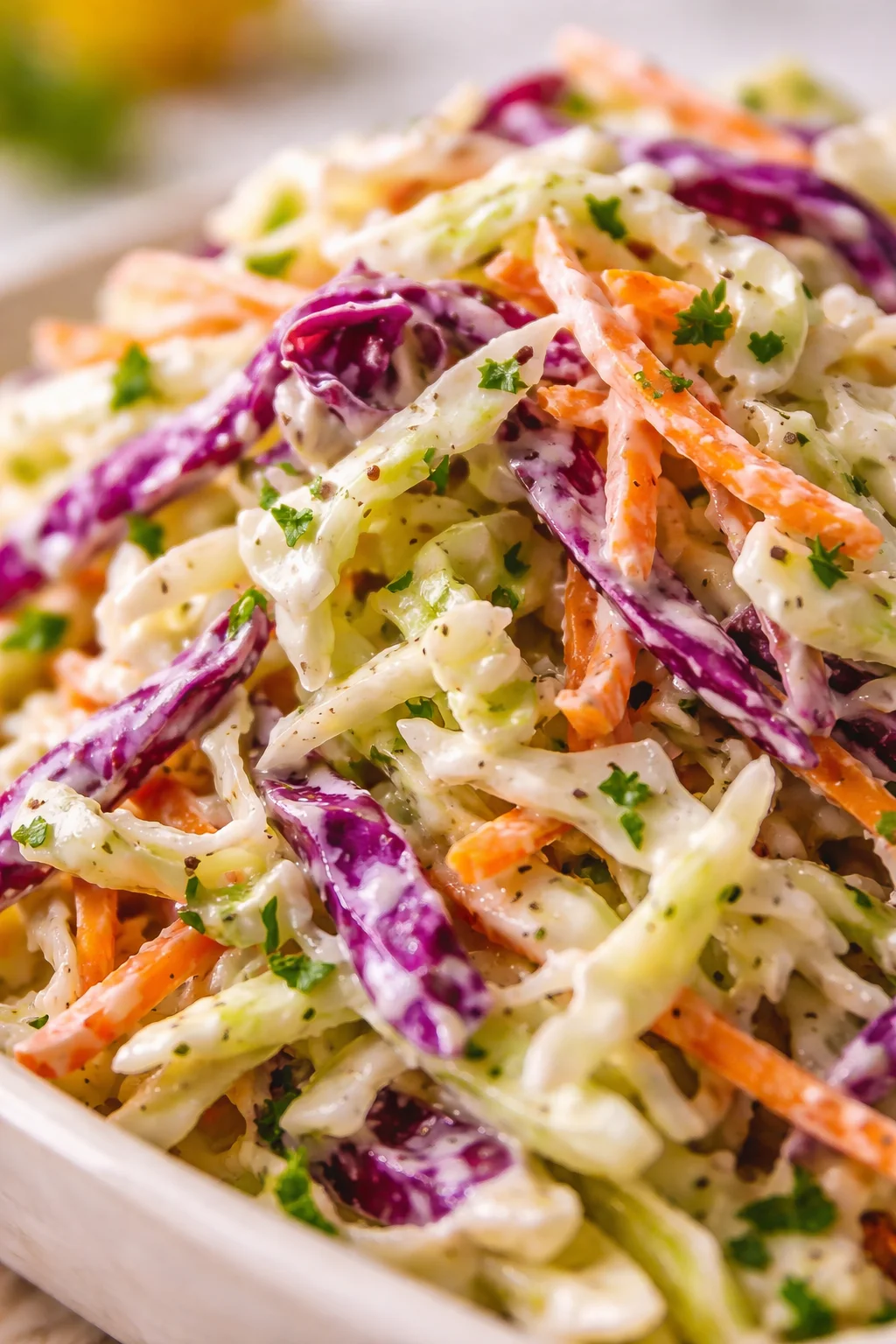 Close-up of creamy coleslaw with shredded purple and green cabbage, carrots, and parsley.