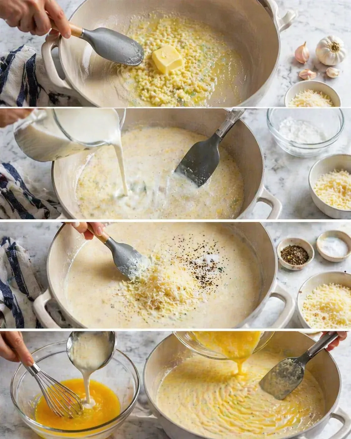 collage showing steps to make creamy corn soup with butter, milk, cheese, and eggs