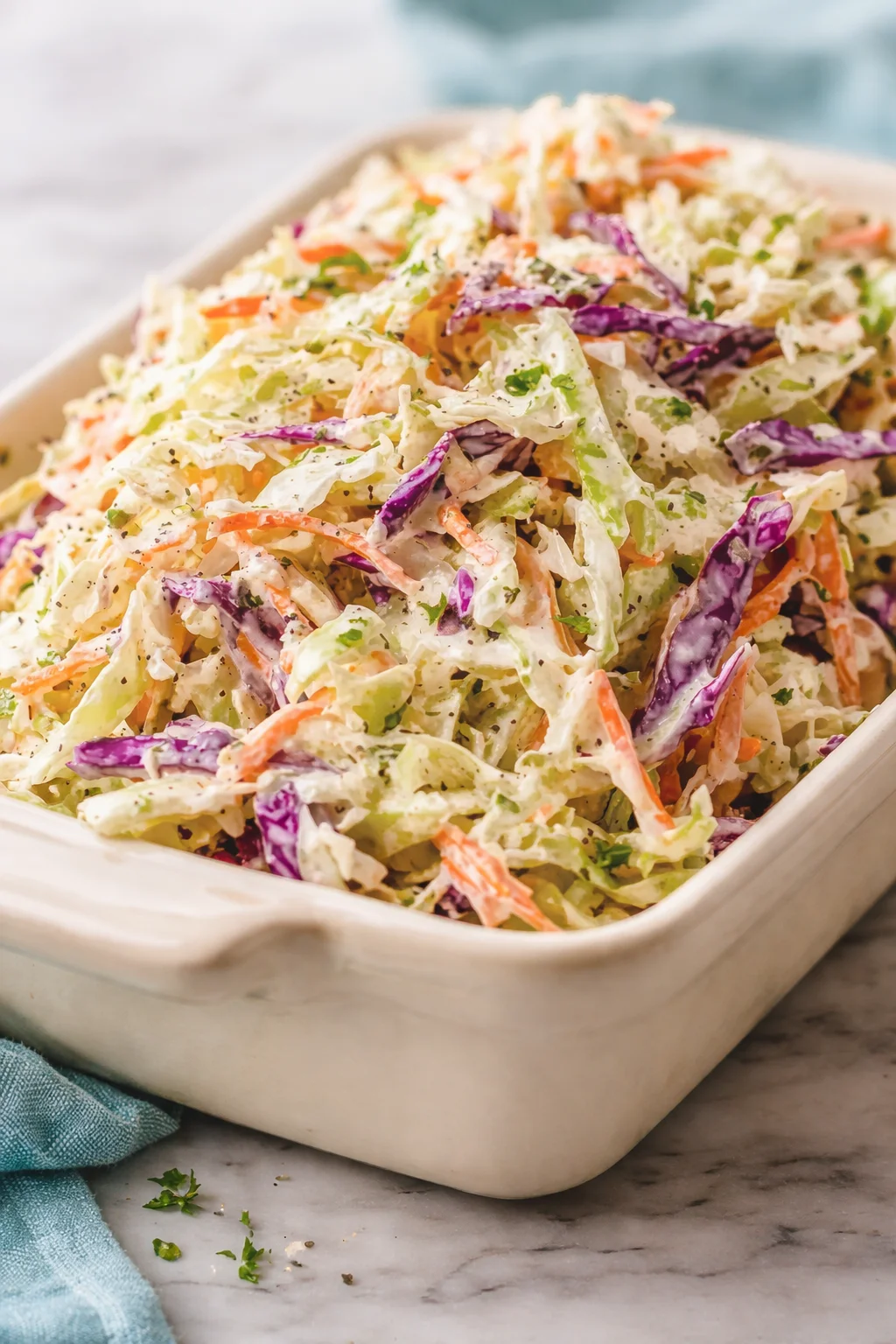 Shredded cabbage (green and purple) with carrot ribbons in a creamy dressing in a white serving dish.